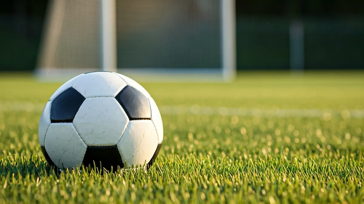 Generic image of a soccer ball on grass, with a blurred goal in the background.