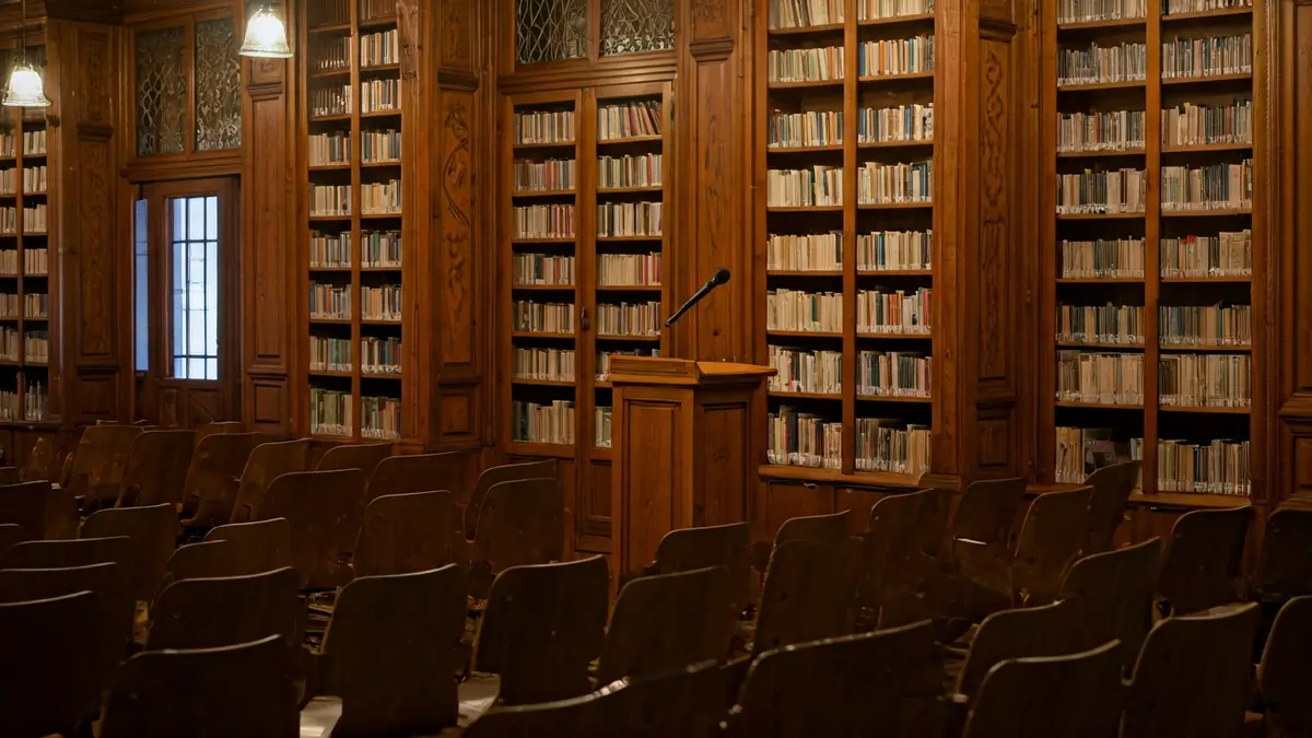 Imagen genérica de una sala de conferencias en una biblioteca, con un micrófono y sillas vacías.