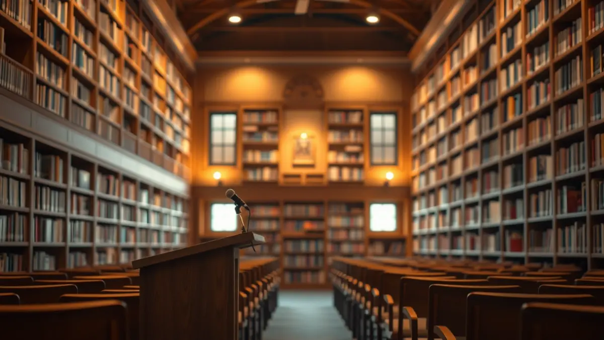 Irudi generikoa liburutegi bateko auditorio baten, mikrofono batekin eta eserleku hutsekin.