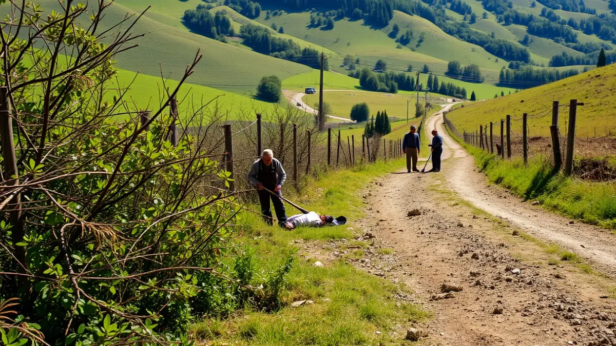 Irudi generikoa landa-bideak garbitzen ari diren langileena, Euskadiko paisaia berde batean.