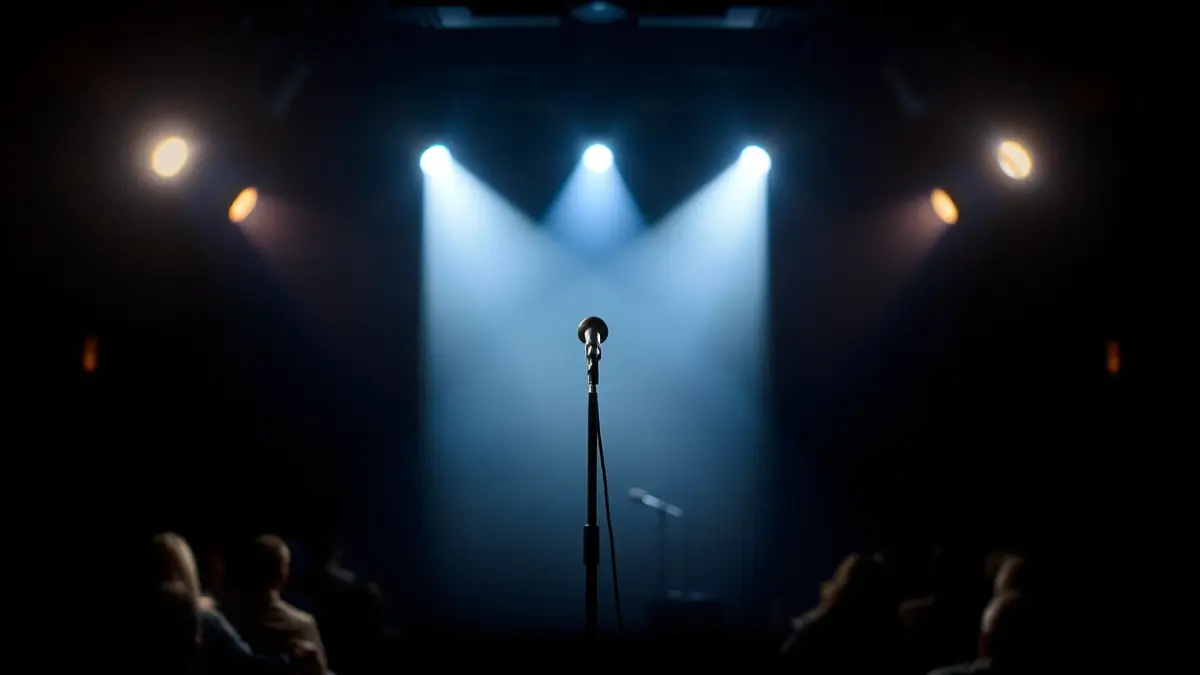 Irudi generikoa komedia ikuskizun baten eszenatokiarena, mikrofono huts batekin.