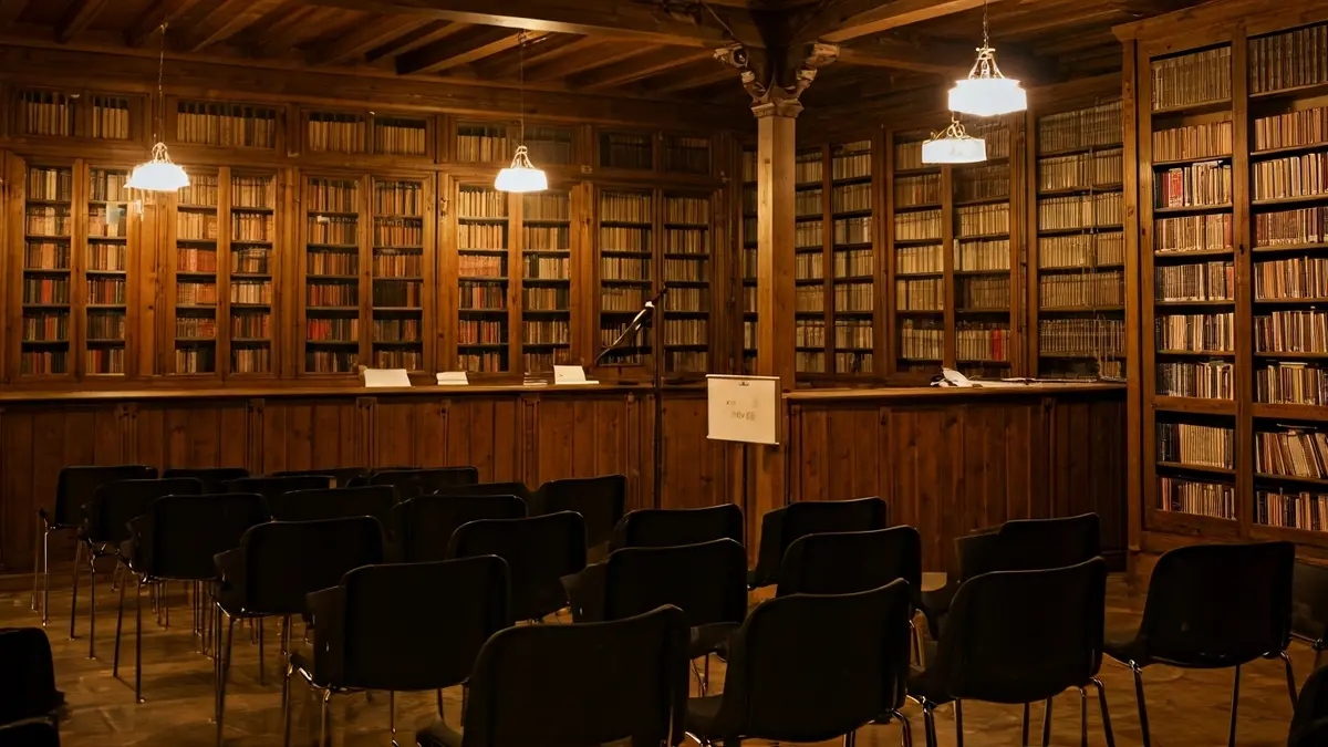 Irudi generikoa liburutegi baten barrualdeko aurkezpen baterako prestatuta, mikrofono batekin eta eserleku huts batzuekin.