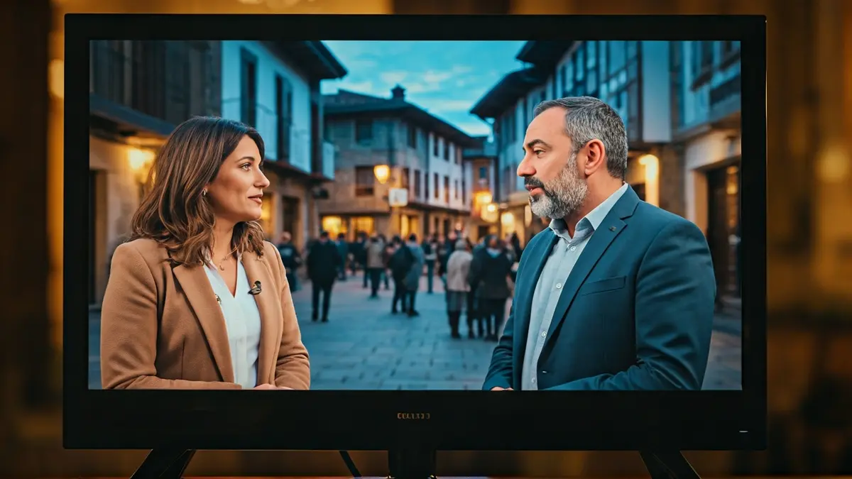 Mikel Pagadi y Miren Nogales en pantalla de televisión, entrevistando a un residente de Urduña.