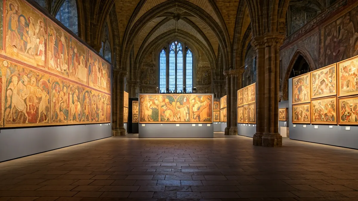 Imagen genérica: Exposición de arte medieval en un edificio histórico, destacando pinturas murales.