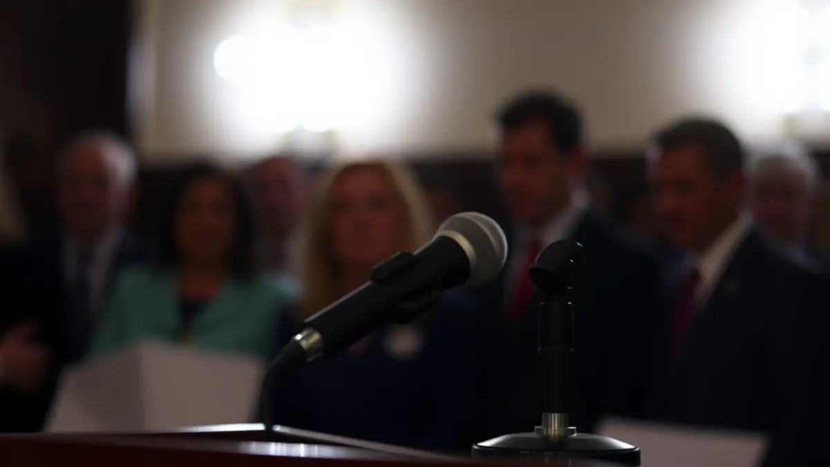 Generic image of a microphone on a podium at a press conference, with blurred figures in the background.