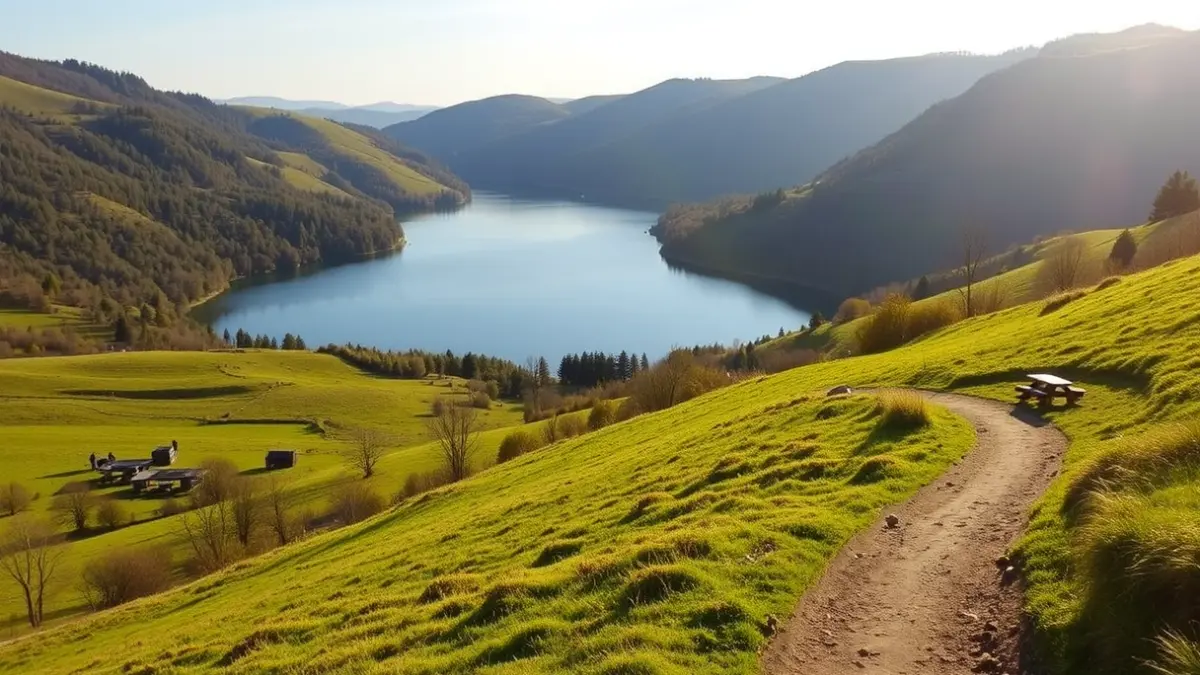 Urkulu urtegiaren inguruko paisaia naturala, bidegorri eta piknik mahaiak dituena.