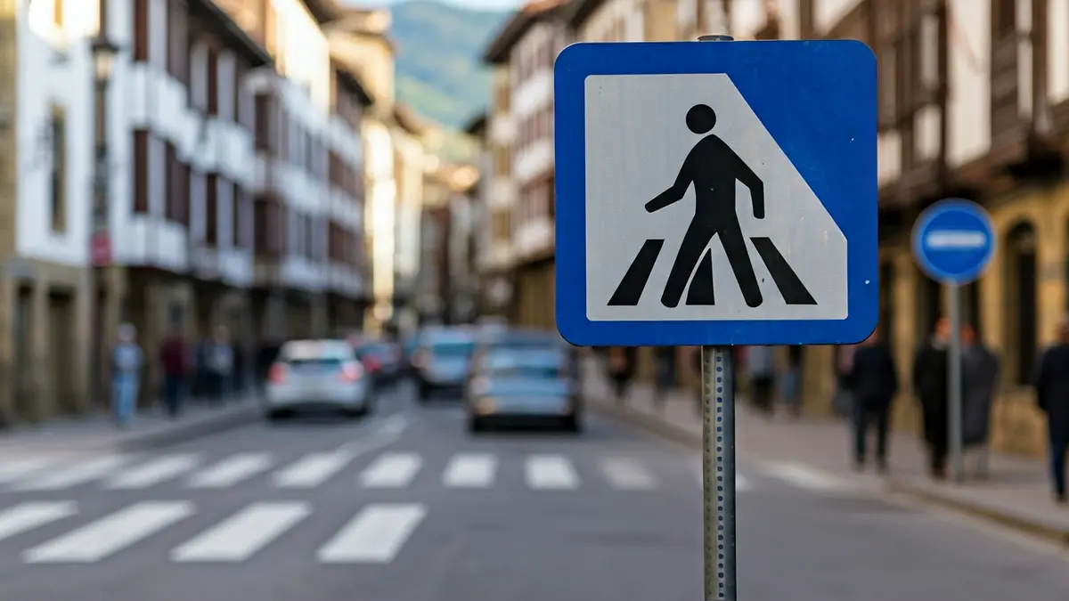 Irudi generikoa oinezkoen pasabide baten seinalearena, autoak eta pertsonak atzealdean lausotuta, Euskal Herriko herri batean.