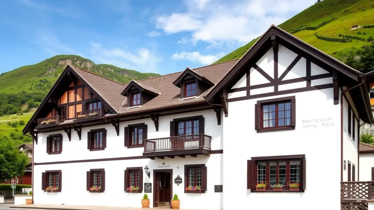Generic image of a Basque country hotel facade with white walls and dark wooden beams, surrounded by green mountains.