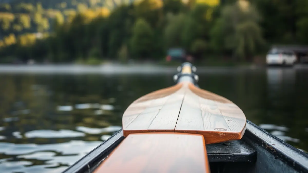 Imagen genérica de un remo de una embarcación de remo apoyado en el agua, con orillas de río y árboles difuminados al fondo.