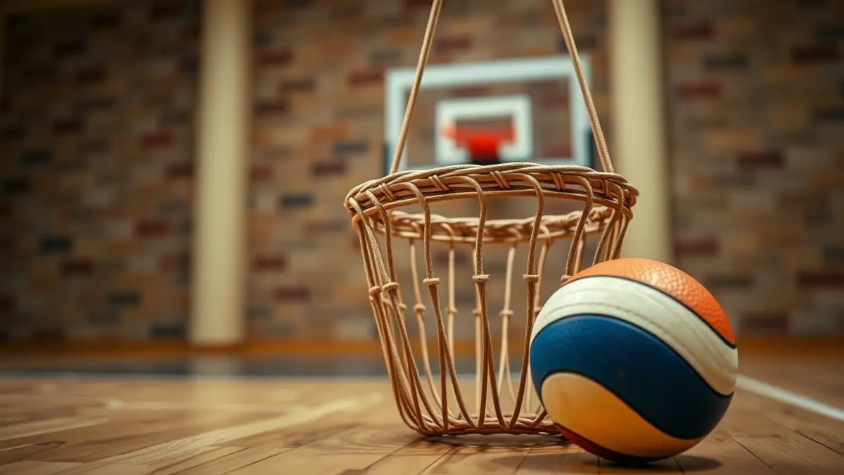 Jai Alai cesta punta basket and ball on a wooden court, with a blurred fronton background.