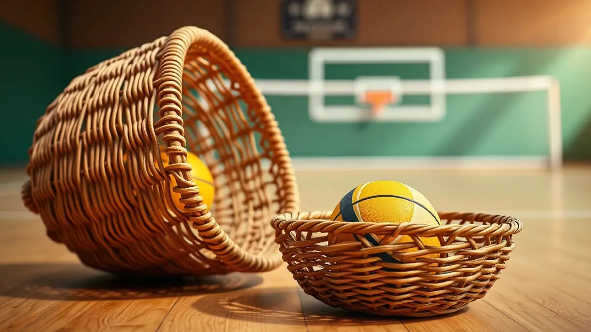 Jai alai cesta with a pelota on the court, sports photography style.