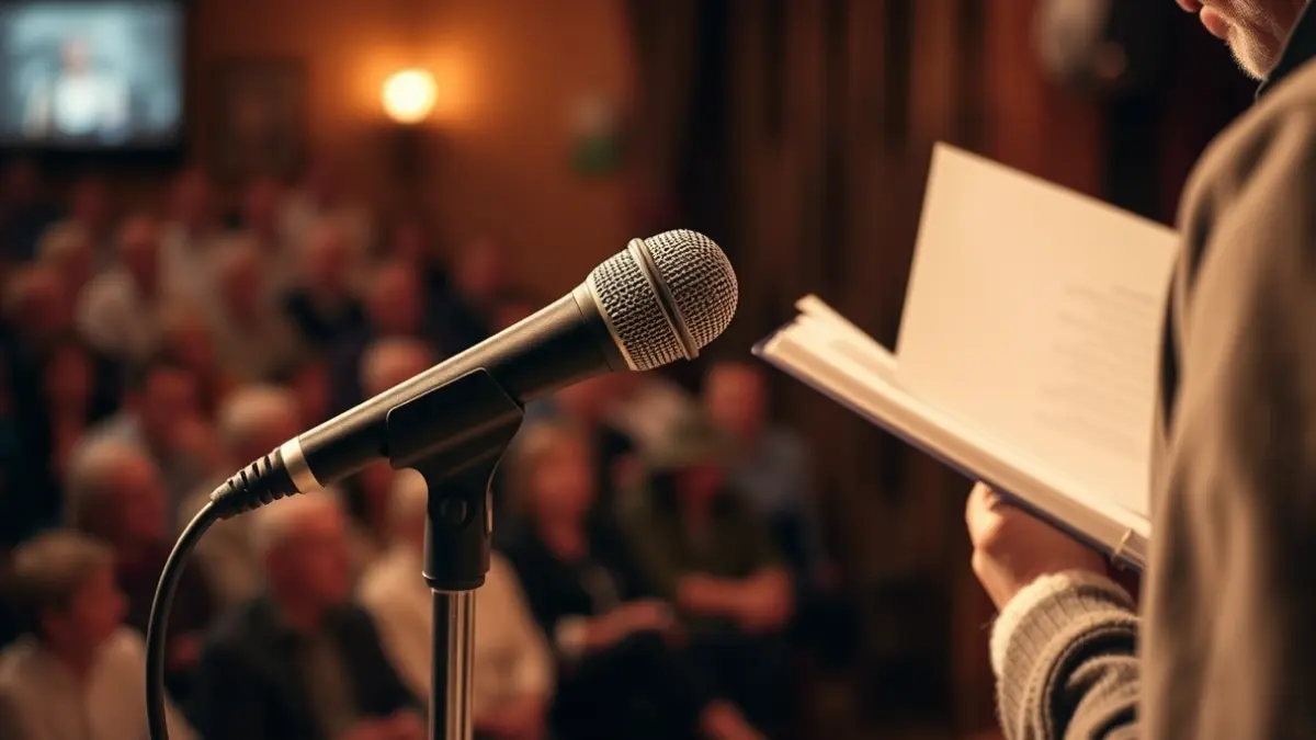 Mikrofono bat bertsolari emanaldi batean, atzealdean ikusle lausoak dituela.