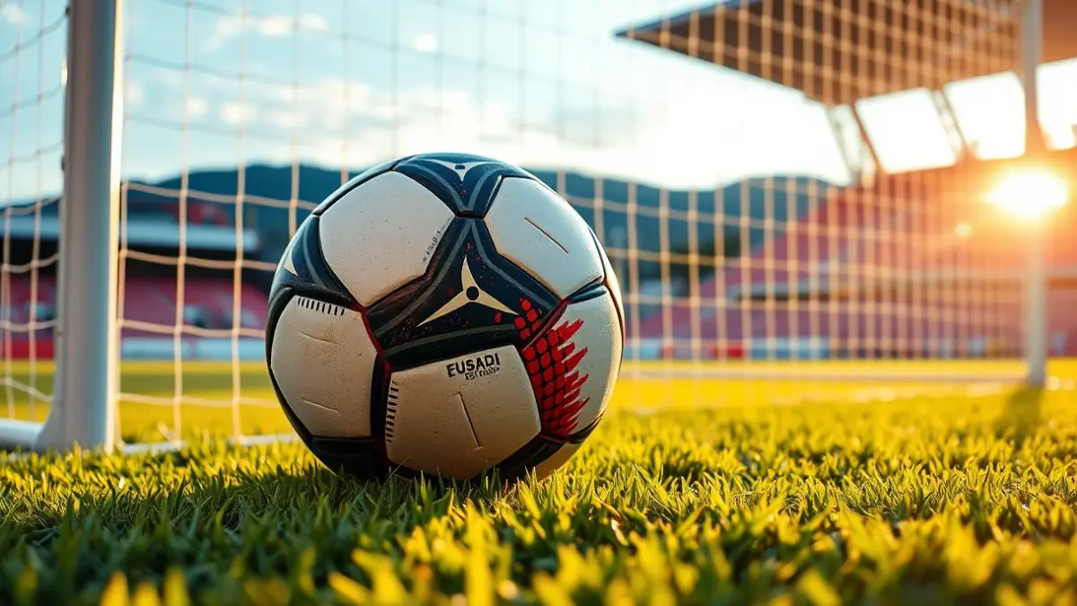 Generic image of a soccer ball on a field, with a blurred goal in the background.
