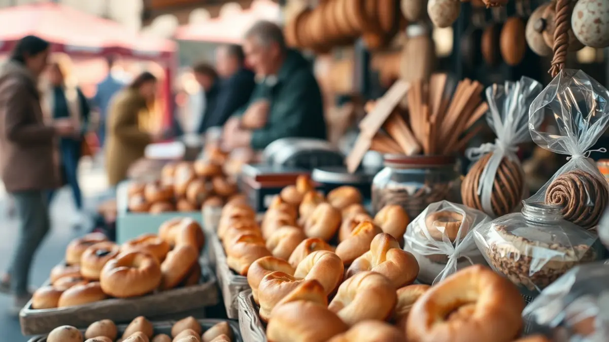 Imagen genérica: Dulces y artesanías hechas a mano expuestas en un puesto de mercado, con personas difuminadas al fondo.