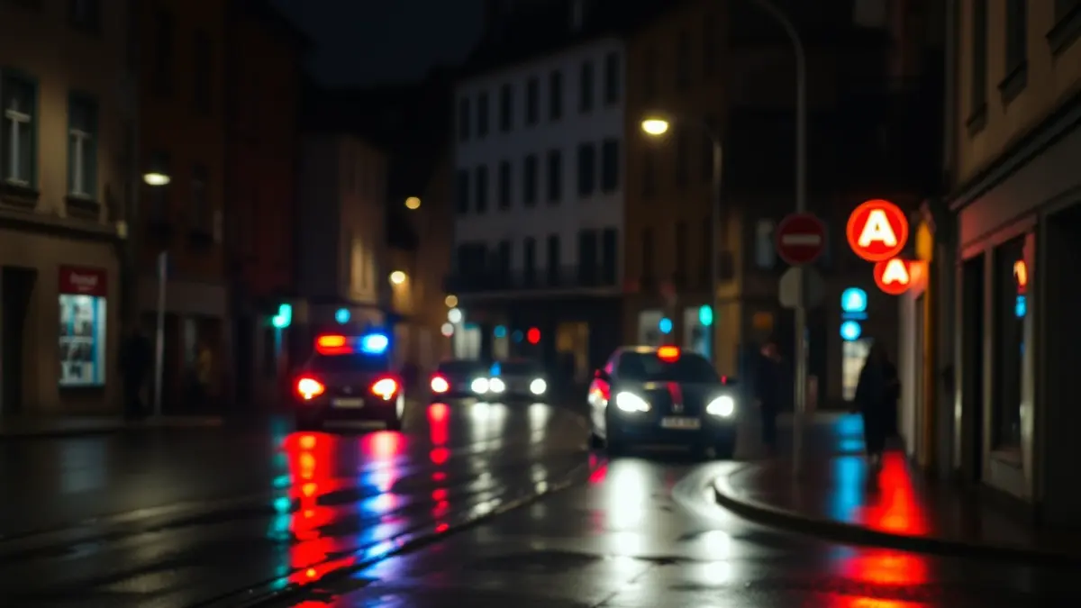Emergency lights reflecting on a wet street at night in Urretxu