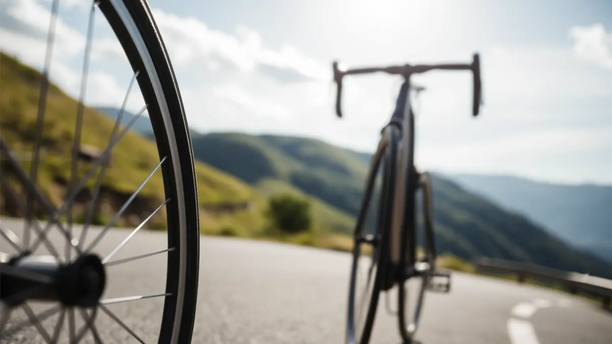 Imagen genérica de la rueda de una bicicleta en una carretera de montaña, con montañas verdes al fondo.