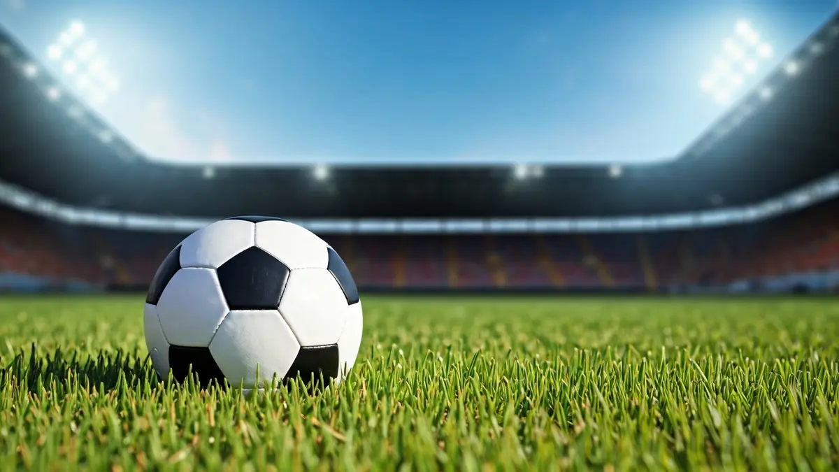 Generic image of a soccer ball on freshly cut grass, with blurred stadium lights in the background.