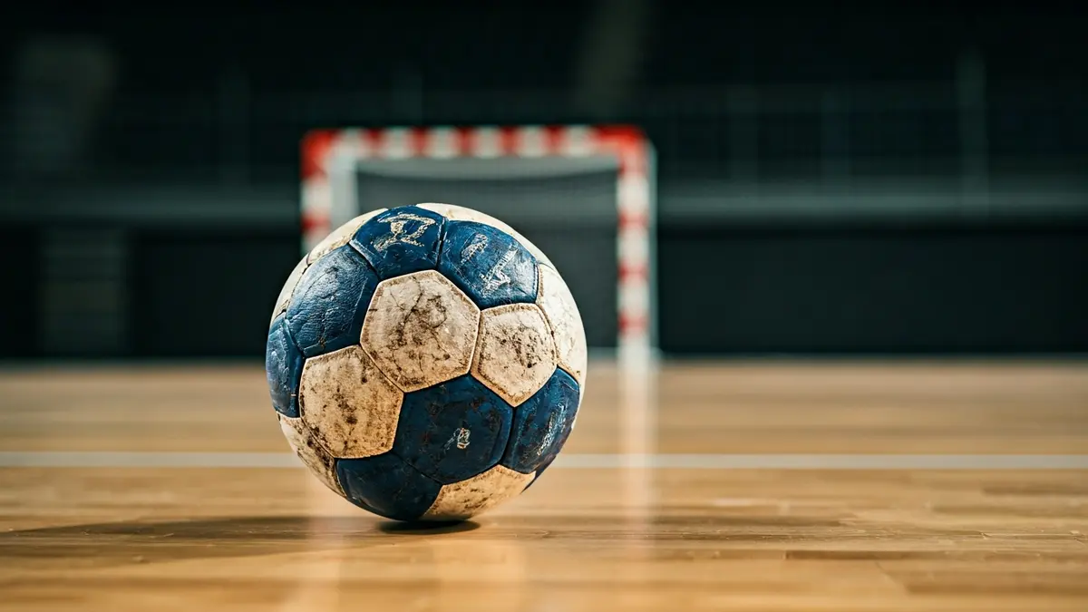 Balonmano sobre una cancha pulida, con la red de la portería difuminada al fondo.