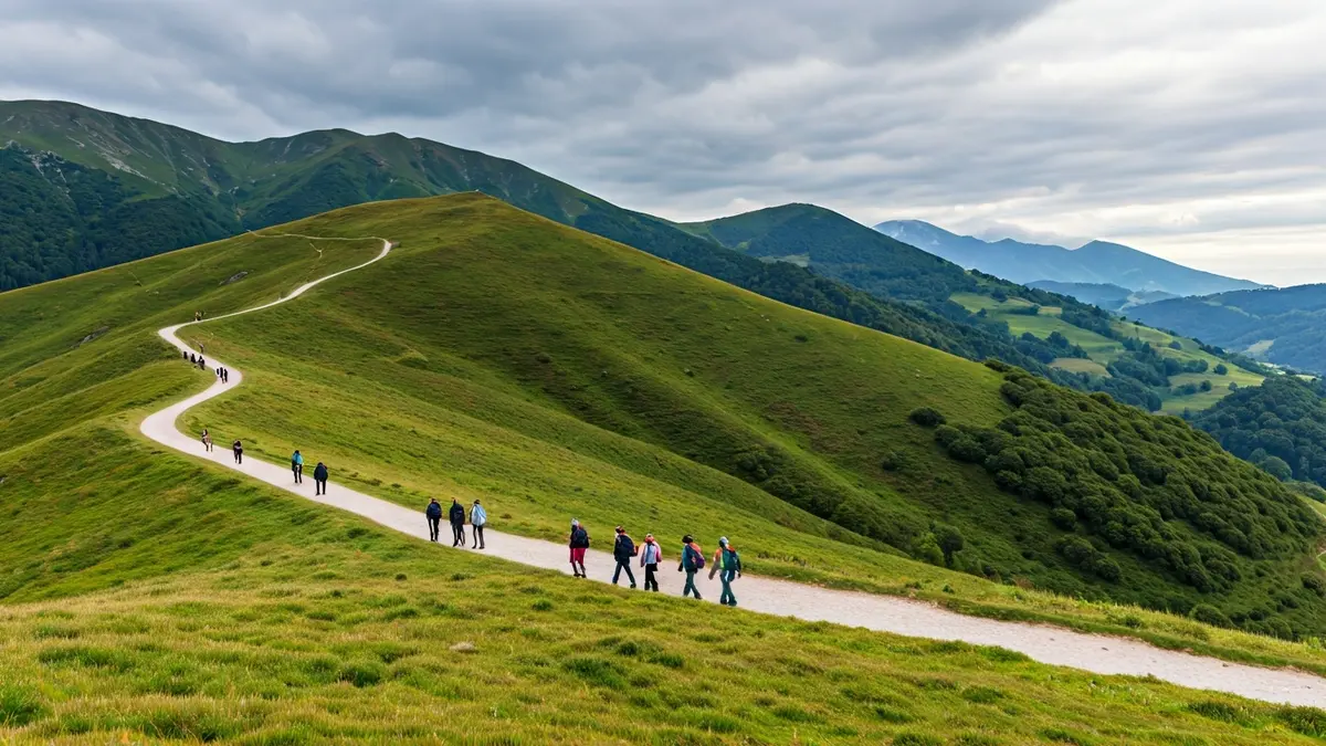 Imagen genérica de montañistas en un sendero de montaña, con el paisaje verde del País Vasco.