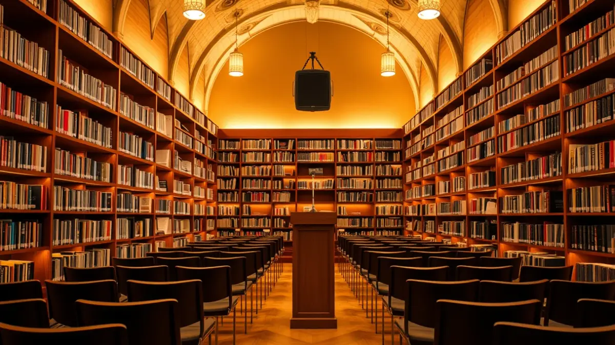 Generic image of a library interior with a microphone and empty chairs.