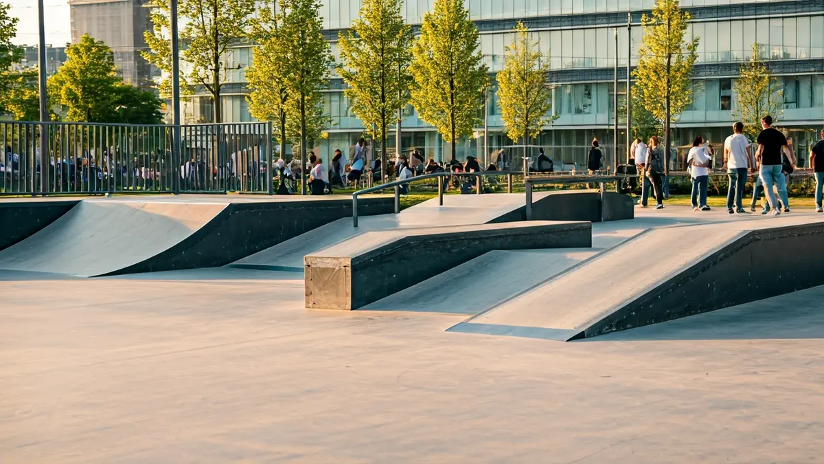 Imagen genérica de un parque de skate moderno, con luz solar.