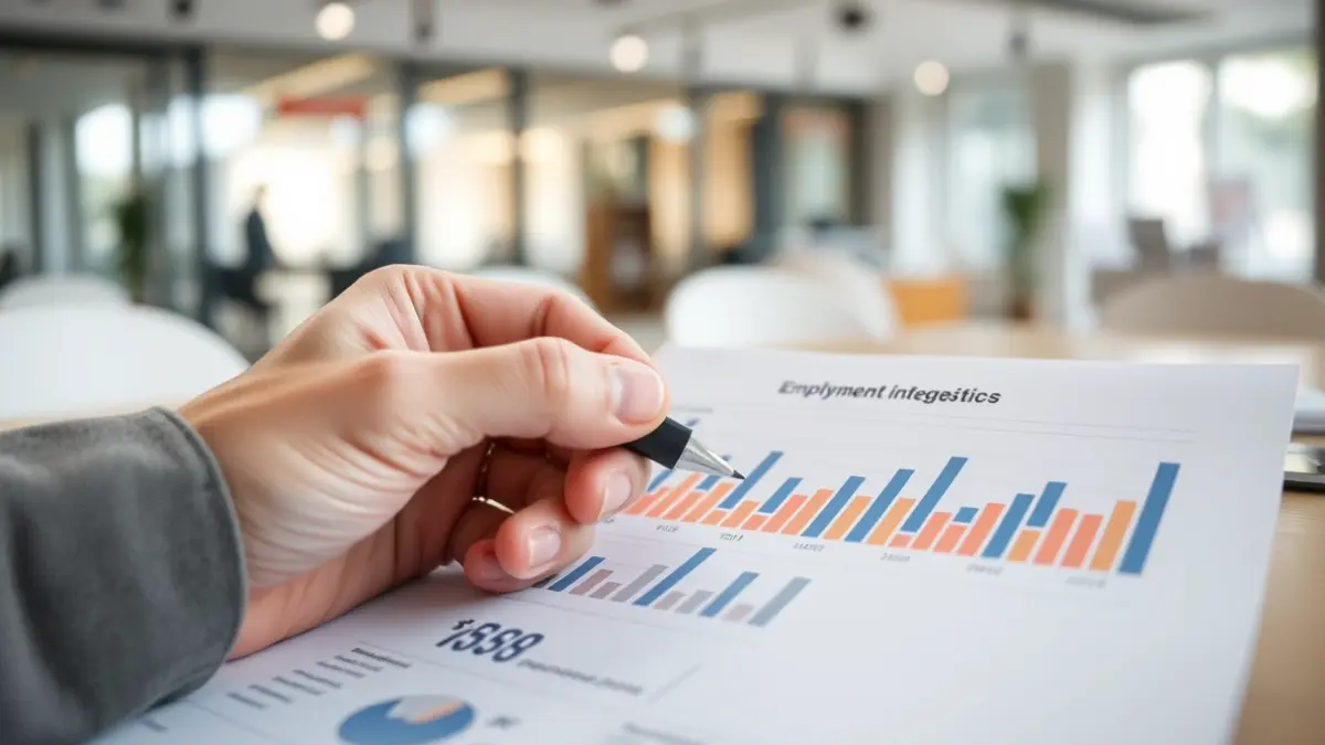 Imagen genérica de una mano analizando datos de empleo en un documento.