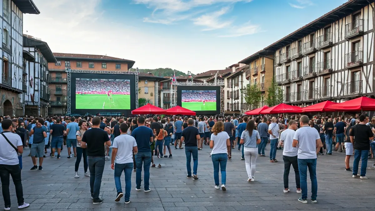 Imagen general de la Feria de la Cerveza de Usurbil, con gente bebiendo cerveza y viendo fútbol.