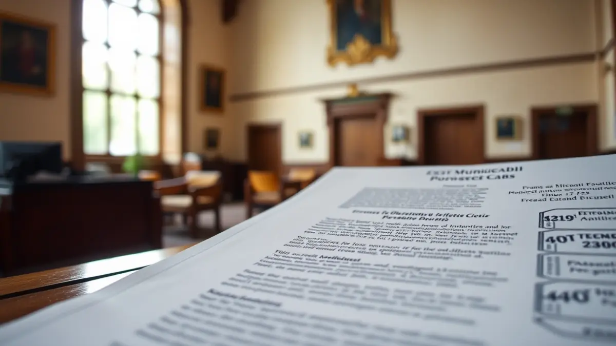 Udal dokumentu baten irudi generikoa, zigilu ofizialekin eta testu lausoarekin, egurrezko mahai baten gainean.