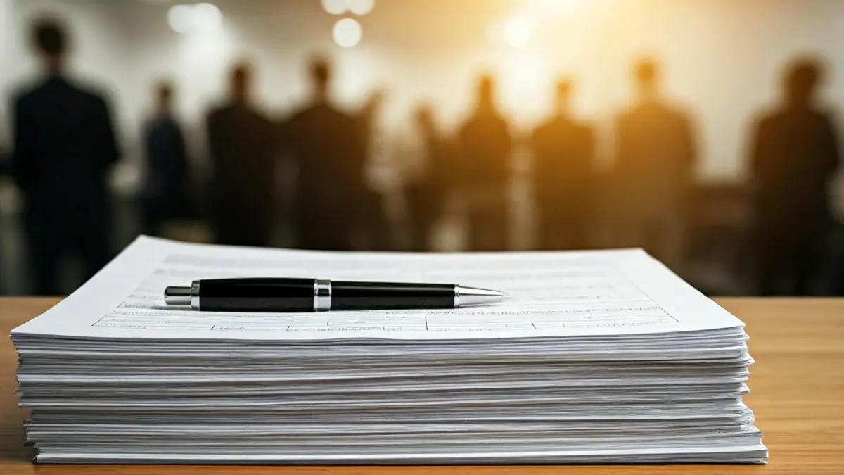 Irudi generikoa: Dokumentu pila bat mahai baten gainean, administrazio prozesuak irudikatuz.