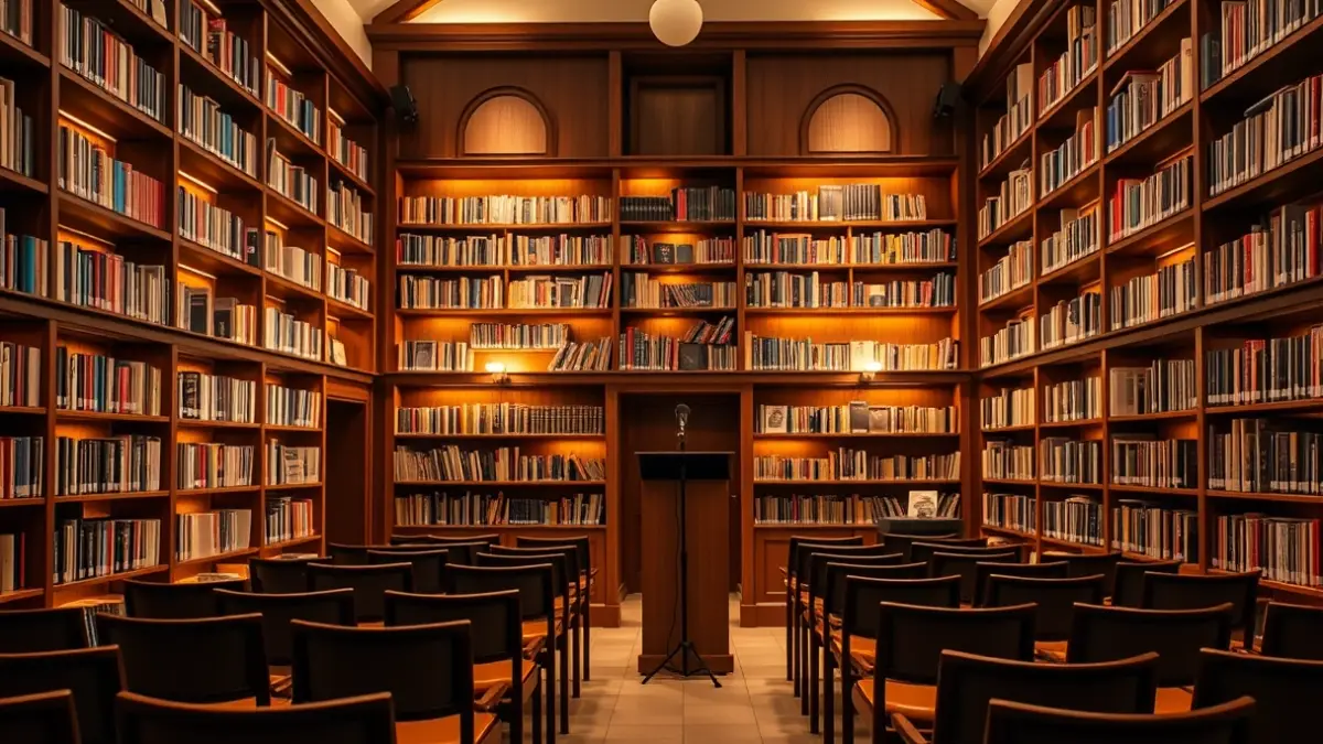 Generic image of a hall with a microphone and empty chairs, in a library.