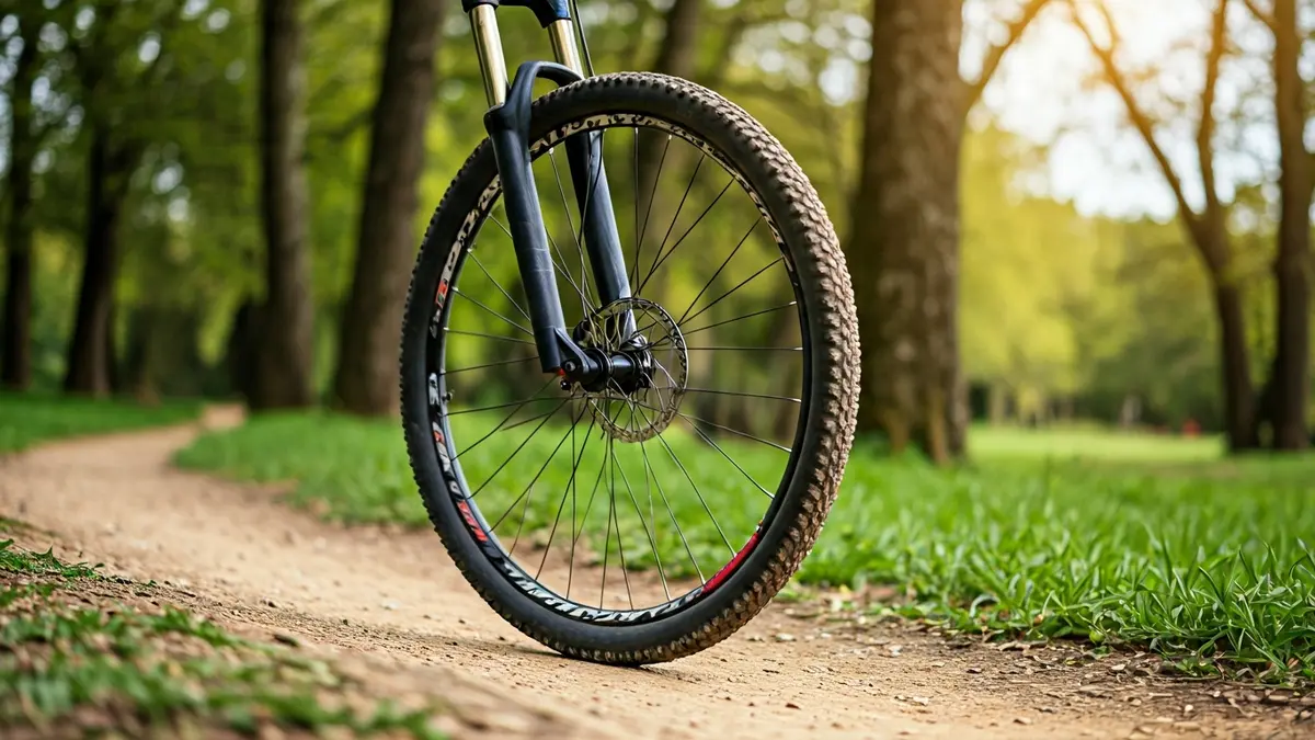 Generic image of a mountain bike wheel on a dirt trail in a green park.