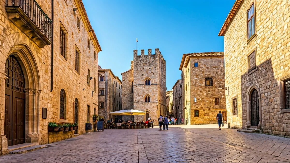 Irudi generikoa, eguzkitsu dagoen Erdi Aroko plaza batekoa, eraikin historikoekin eta turista lausoekin.