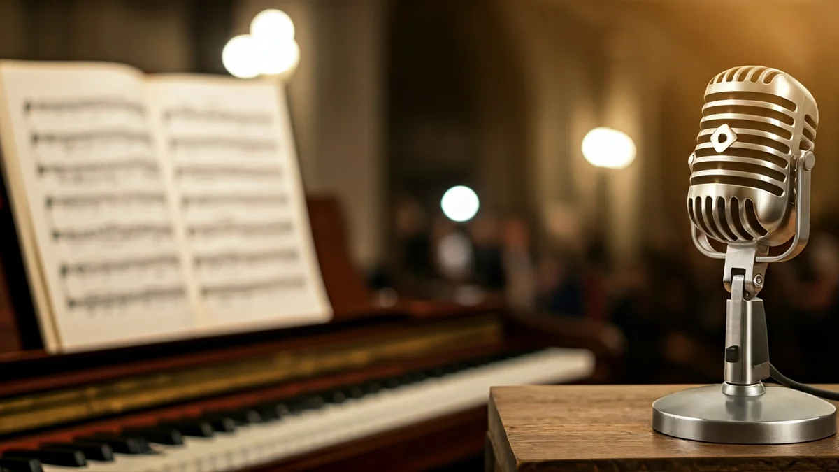 Irudi generikoa mikrofono vintage baten eta partitura lausoen artean, musika konposizioa irudikatuz.