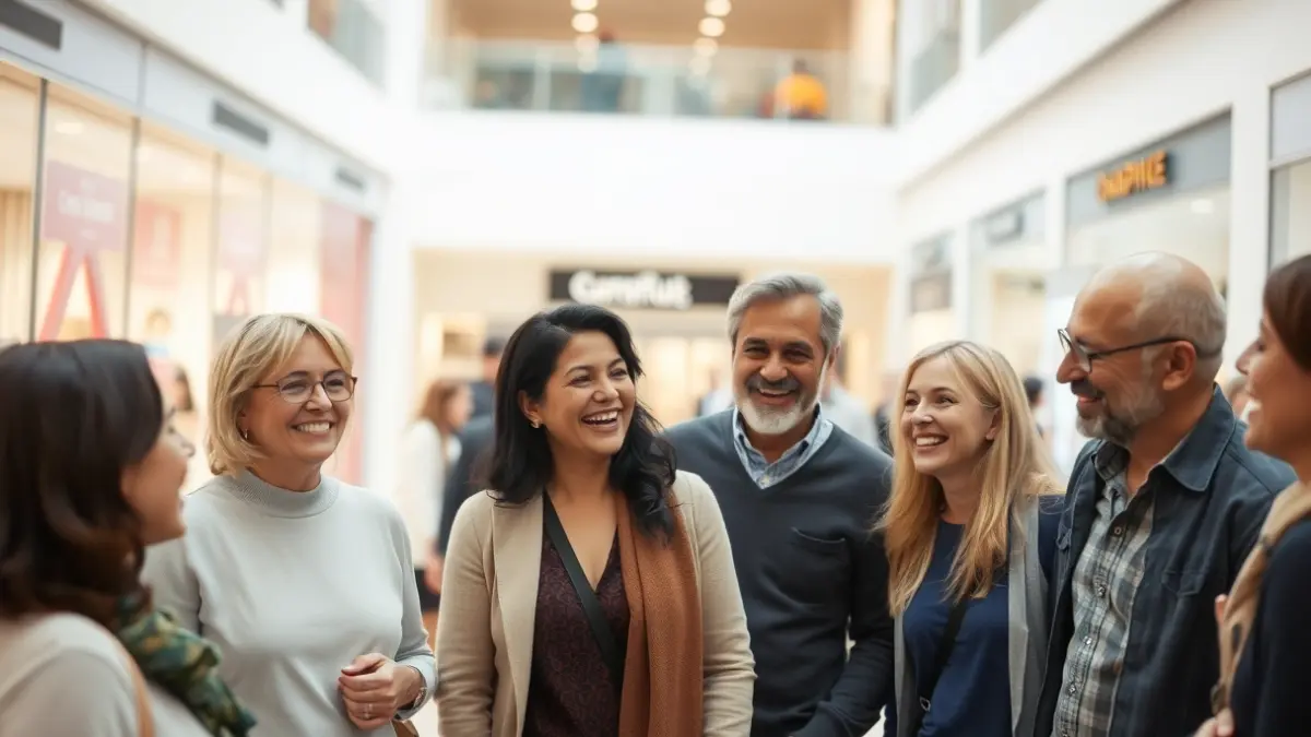 Personas de diferentes edades interactuando en un centro comercial, transmitiendo un sentido de comunidad y conexión.