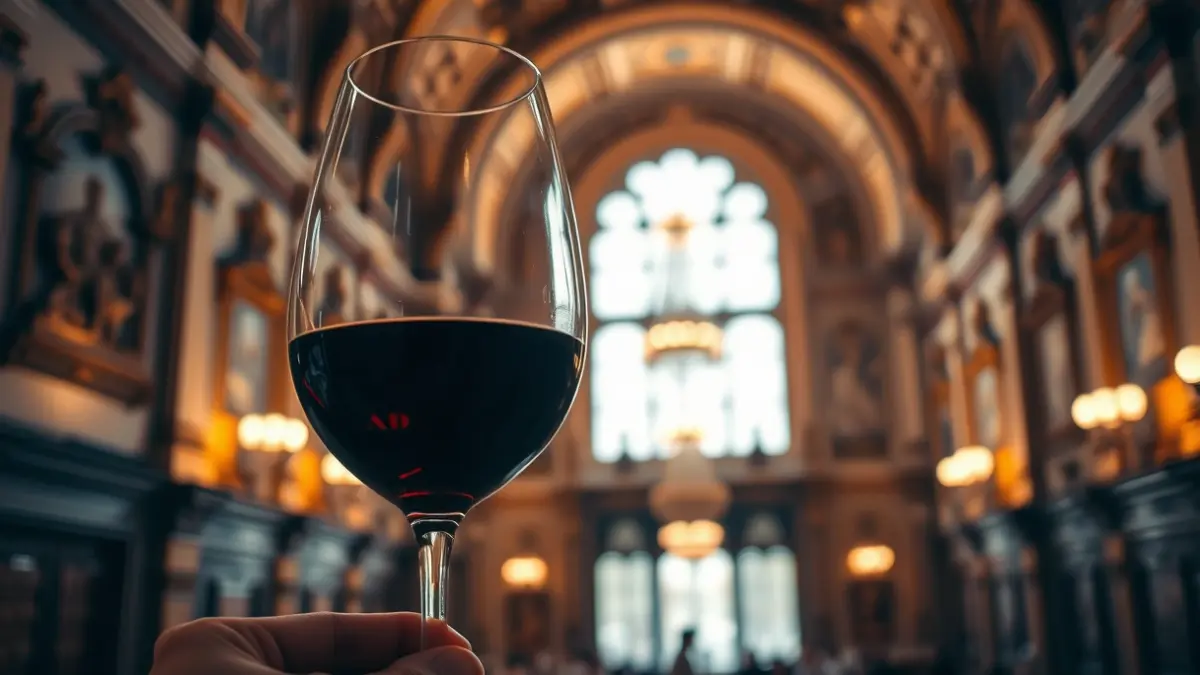 Imagen genérica de una copa de vino con el interior de un palacio barroco de fondo.