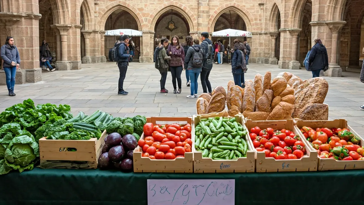 Irudi generikoa nekazaritza ekologikoko azoka batekoa, barazki freskoekin eta artisau-ogiarekin.