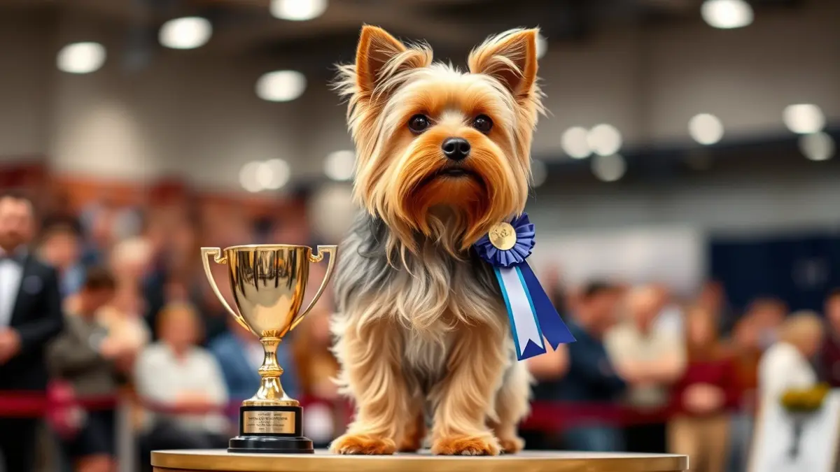 A Yorkshire terrier dog with an award at an exhibition.
