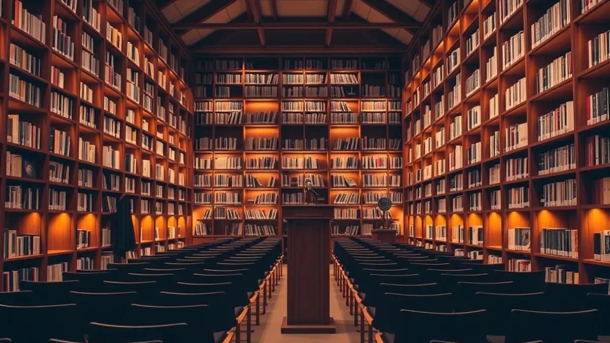 Generic image of a library interior with wooden bookshelves and a microphone.
