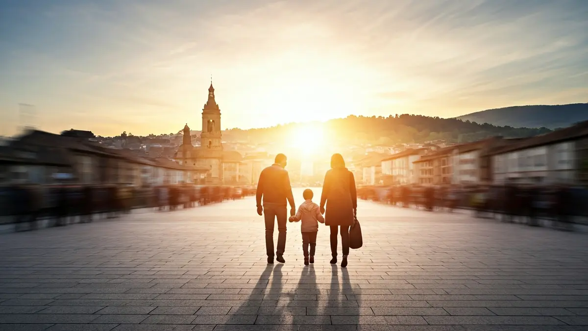 Generic image of a family escaping a chaotic city towards a calmer landscape.