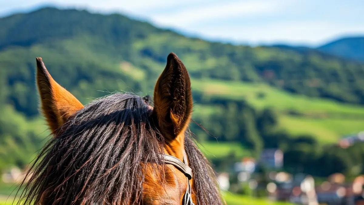 Irudi generikoa zaldi baten buruaren eta belarriaren, atzealdean Euskadiko mendi berdeak dituela.