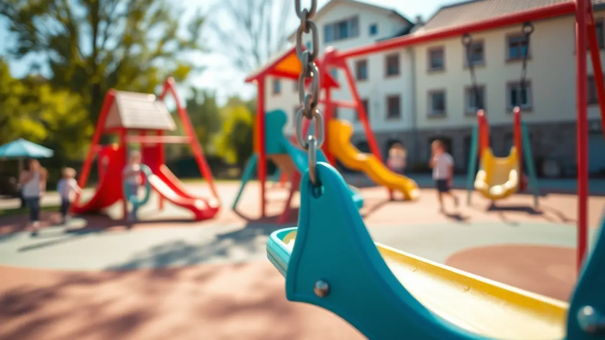 Generic image of a playground set up for summer camps, with blurred children in the background.