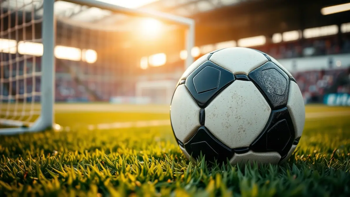 Generic image of a soccer ball on a field with a blurred goal net in the background.