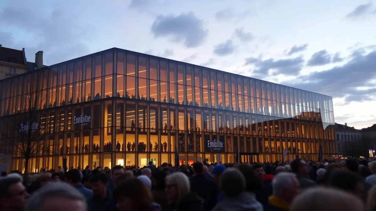 Bilbao Exhibition Centre-ren kanpoaldea ilunabarrean, jendez inguratuta, kontzertu baten aurretik.