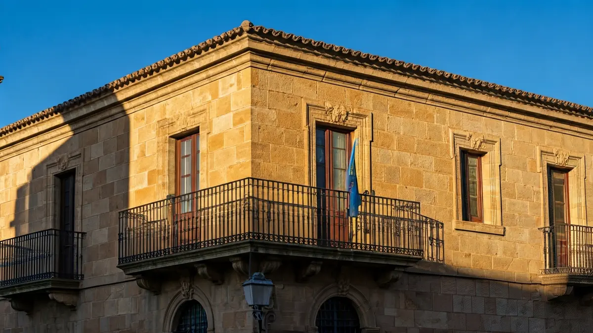 Stone facade of Zamudio Town Hall with an ornate balcony.