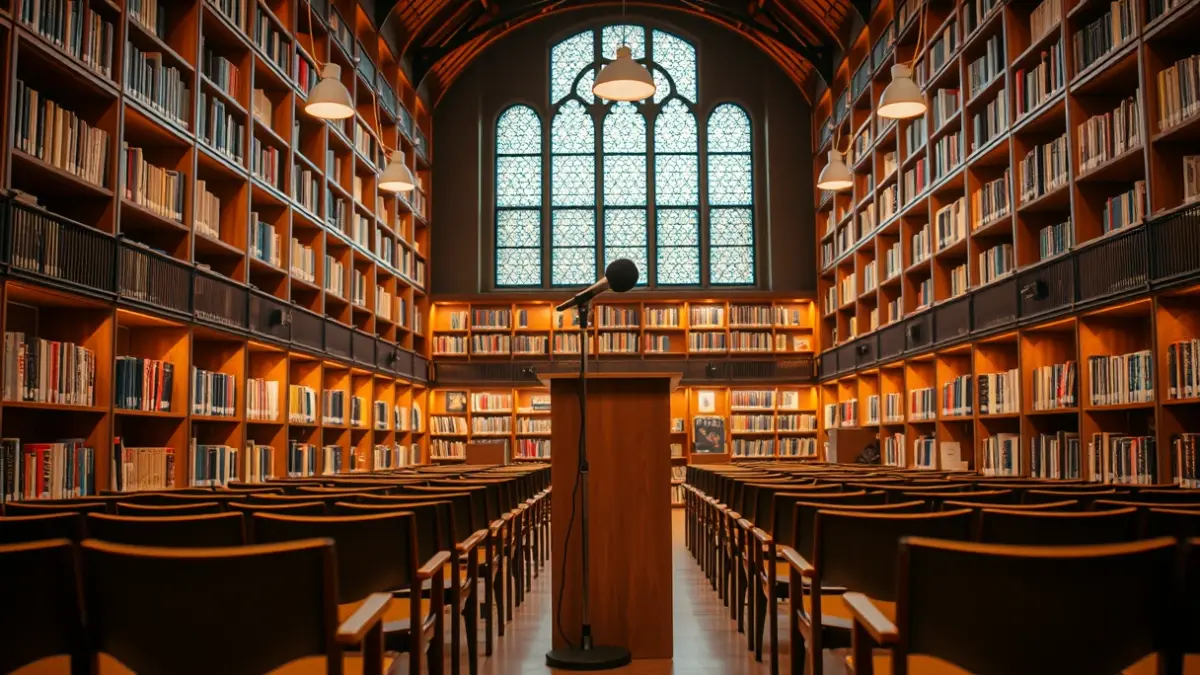 Generic image of a library interior with a microphone and empty chairs.