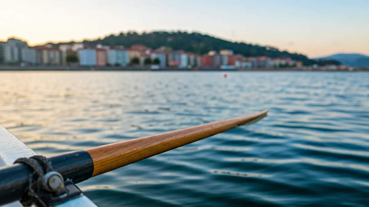 Generic image of a rowing boat's oar on water, with a blurred Basque coastal landscape in the background.