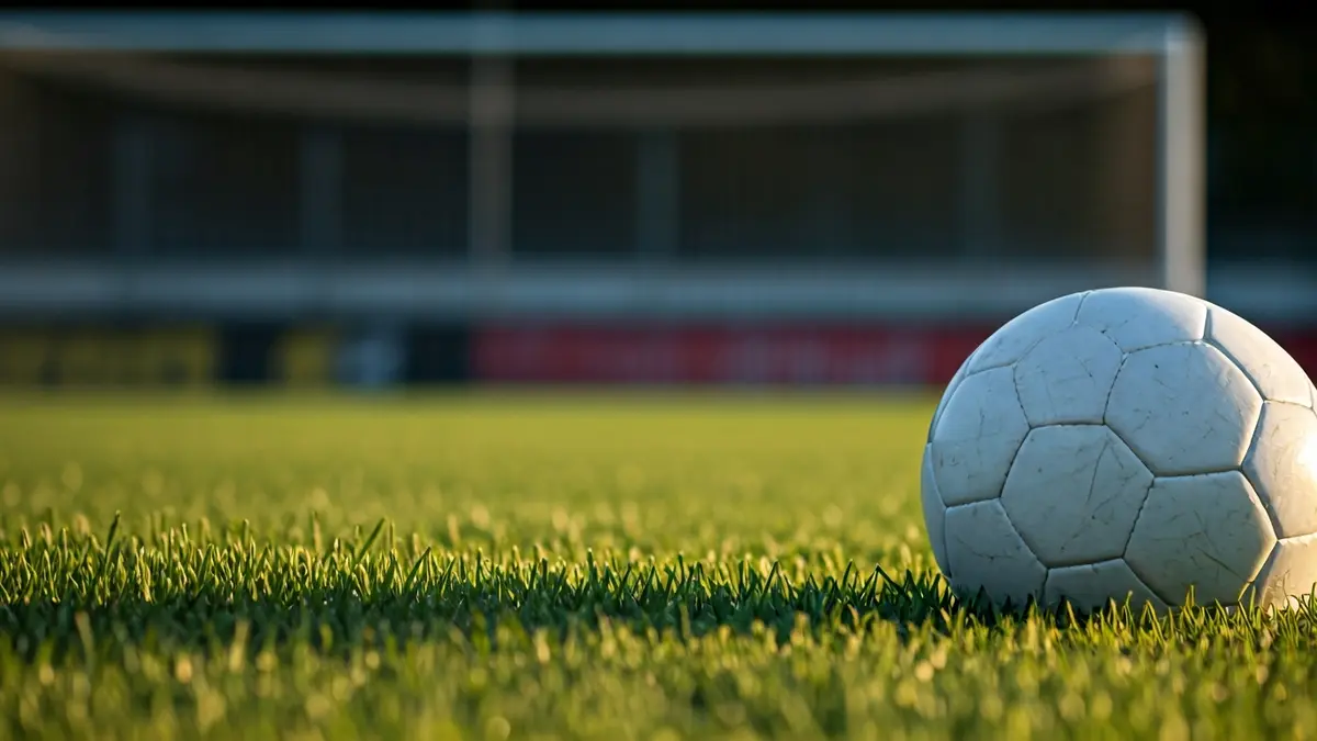 Generic image of a soccer ball on freshly cut grass, with a blurred goal net in the background.