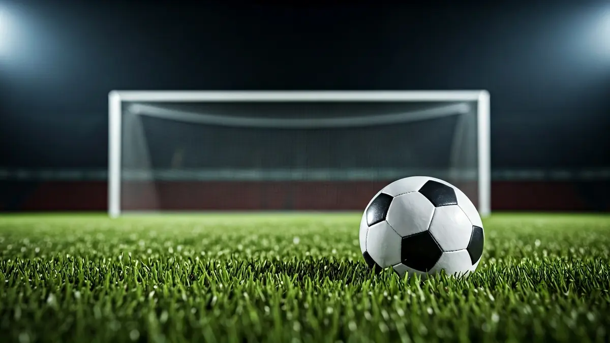 Imagen genérica de un balón de fútbol sobre césped, con la red de la portería difuminada al fondo.