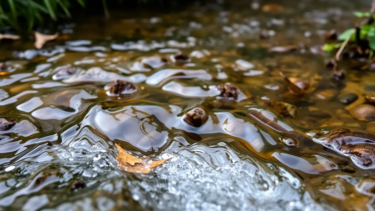 Generic image of clear water flowing in a small stream, with leaves and small branches, surrounded by green vegetation.