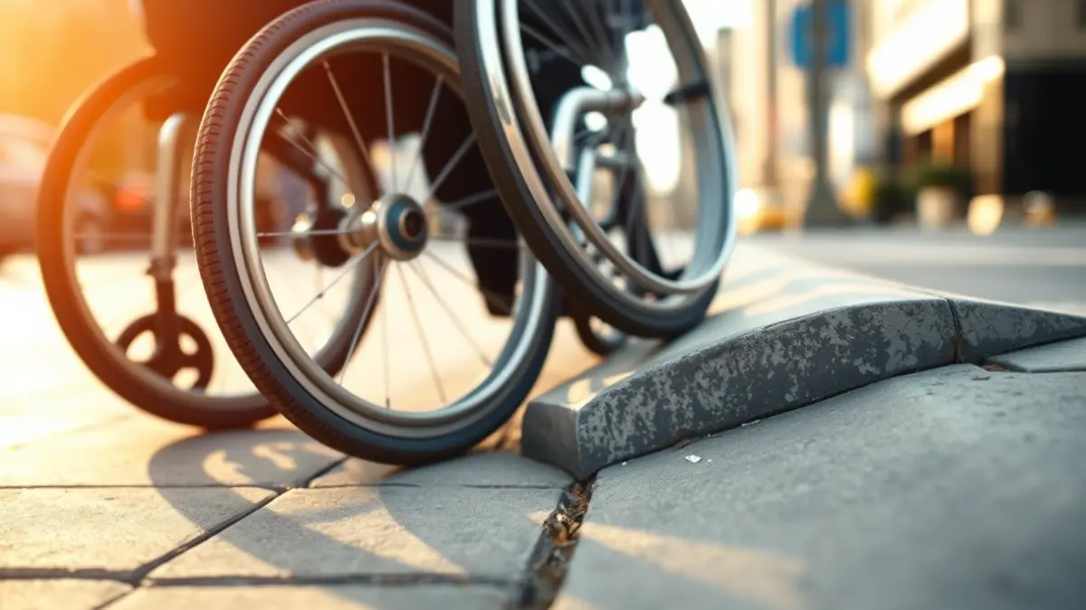 Wheelchair wheel navigating a poorly designed curb ramp, illustrating accessibility issues.